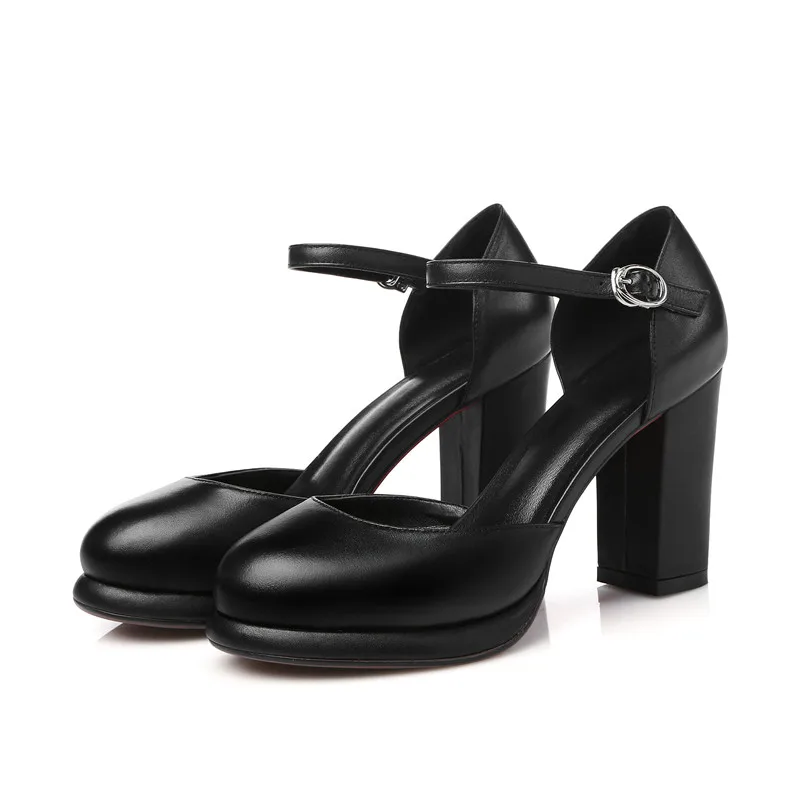 YMECHIC/женские летние туфли Mary Jane из натуральной кожи на массивном каблуке; женские туфли-лодочки на высоком каблуке с ремешком на щиколотке; Цвет черный, белый; - Цвет: Черный