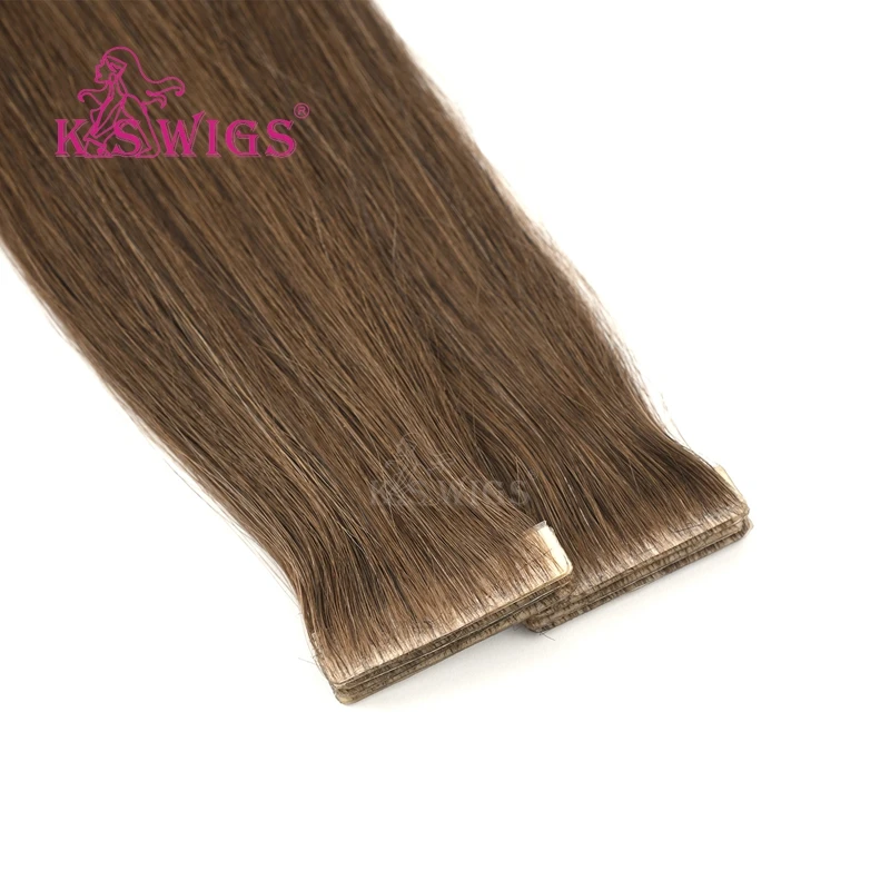 K.S WIGS Straight Double Drawn Remy Hair PU Skin Weft Hand Tied Tape In Human Extensions 16'' 20'' 24''