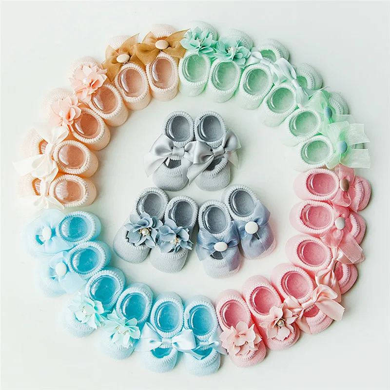 3 пары Хлопковых Носков для малышей тонкие детские носки-тапочки с кружевными цветами и бантиком носки принцессы для девочек от 0 до 24 месяцев