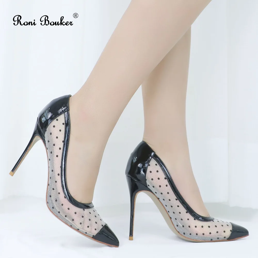 

Women Pointed Toe Slip-on High Heels Air mesh Pumps Handmade Patent Leather Footwear 2018 Summer Fashion Ladies Office Shoes