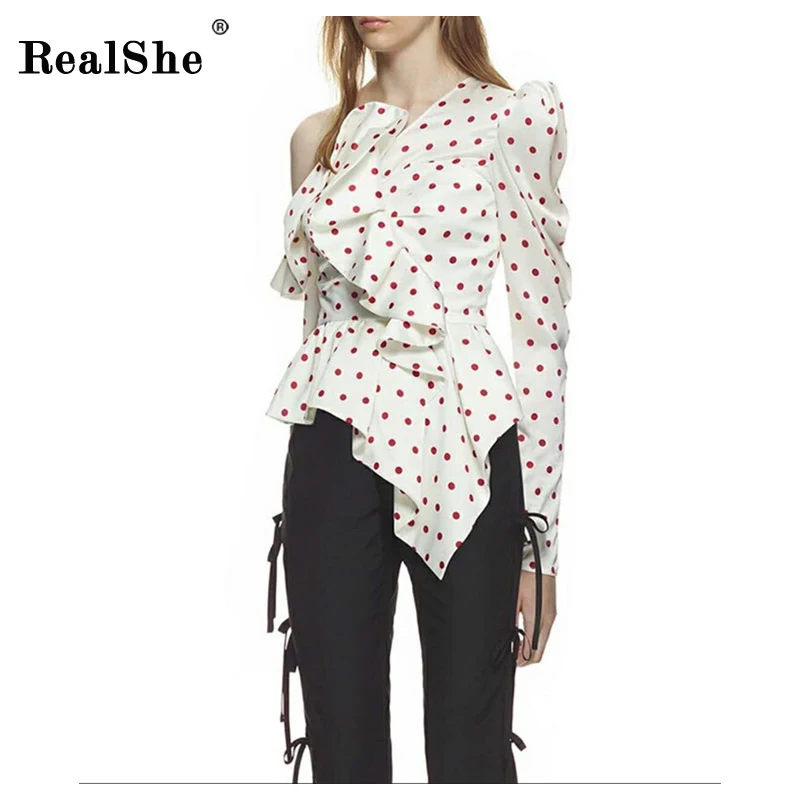 

RealShe New 2019 Women Autumn Blouse Cold Shoulder Skew Collar Polka Long Sleeve Dot Asymmetrical Ruffles Shirts Sexy Style