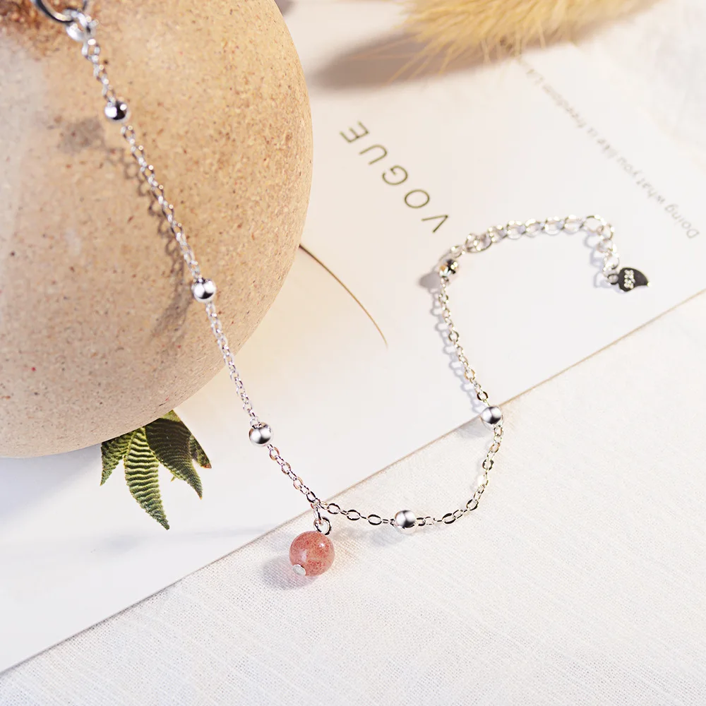 

925 Sterling Silver Natural Strawberry Crystal Charm Bracelets & Bangle For Women Birthday Gift Femme Jewelry sl188
