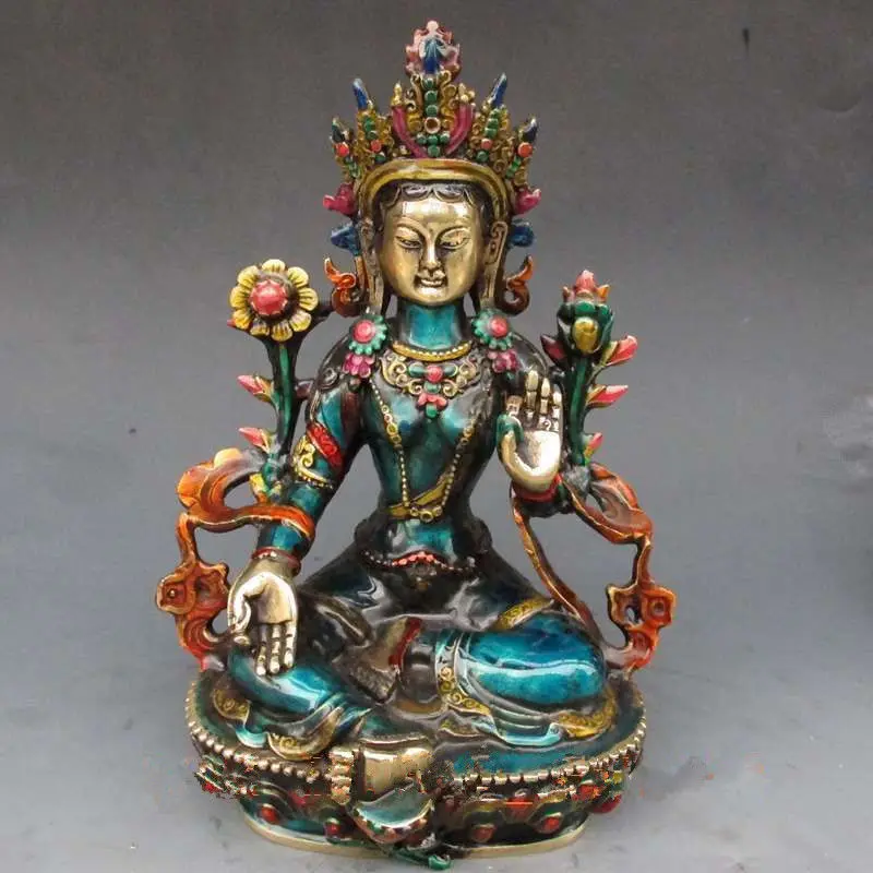 

8.66 inch / Exquisite Chinese hand-carved cloisonne buddhist Buddha green tara statue