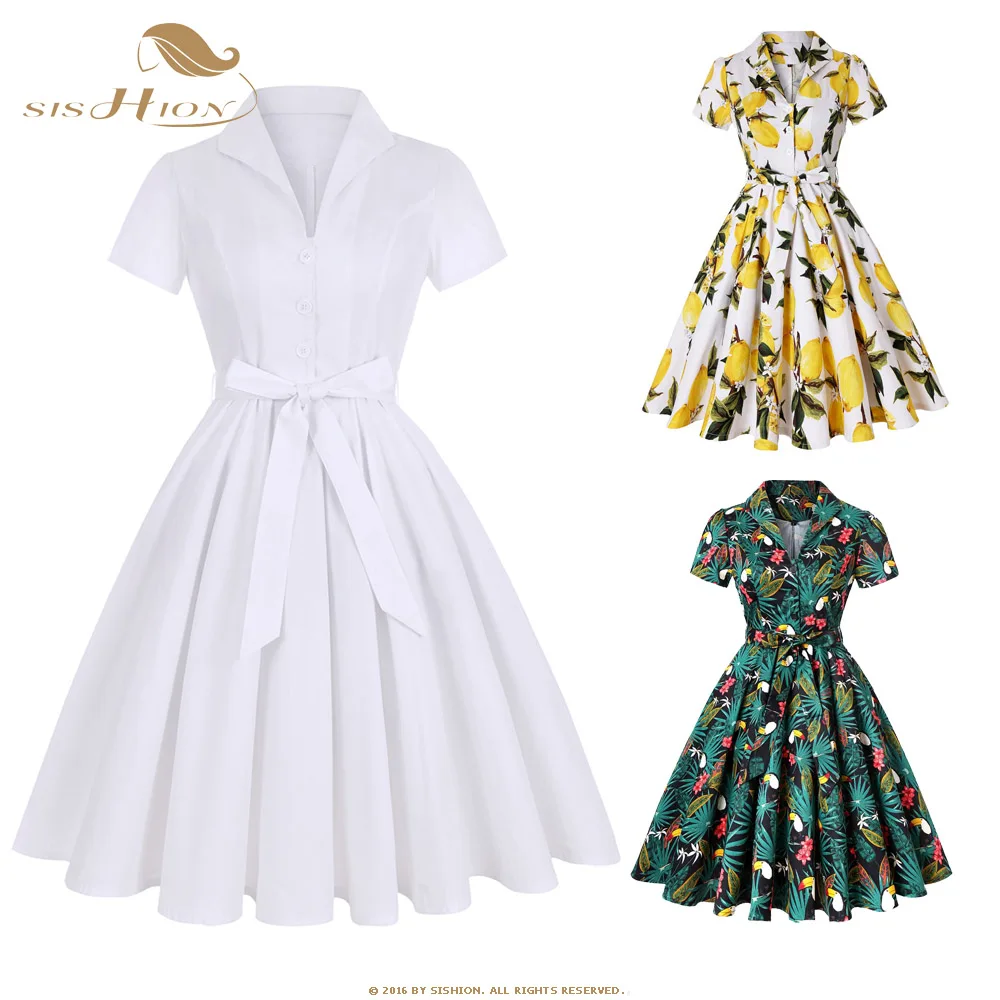 SISHION размера плюс белое ретро винтажное платье в стиле рокабилли SD0002 большое элегантное платье-туника с коротким рукавом женское хлопковое летнее платье