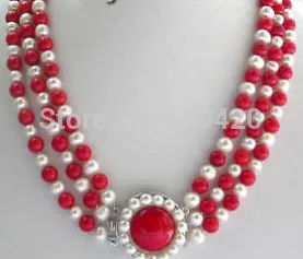 

~~ W&O655 >Genuine!17-19" 3row Natural White Pearl Red Coral Necklace