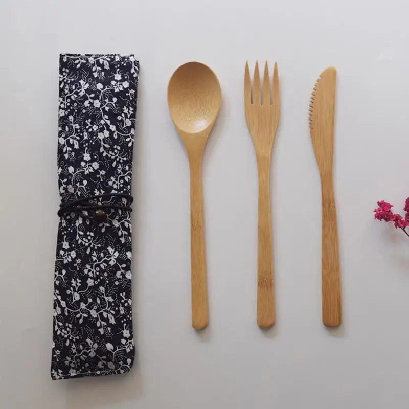 

3Pcs/Set Eco-friendly Japanese Portable Cutlery Set Bamboo Dinnerware Set Knife Fork Dinner Tableware Set With Cloth Pouch