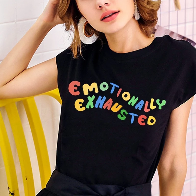

Emotionally Exhausted Printed T Shirts Colorful Letters T-Shirt Women 2019 Summer Tops Street Wear Soft Cotton Harajuku Tops