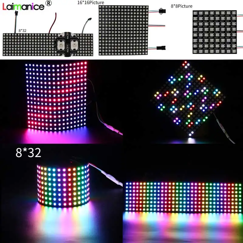 WS2812B Панель Экран 8*8, 16*16 8*32 пикселей 256 Пиксели Гибкий цифровой светодиодный запрограммирован индивидуально адресуемых полный Цвет DC5V
