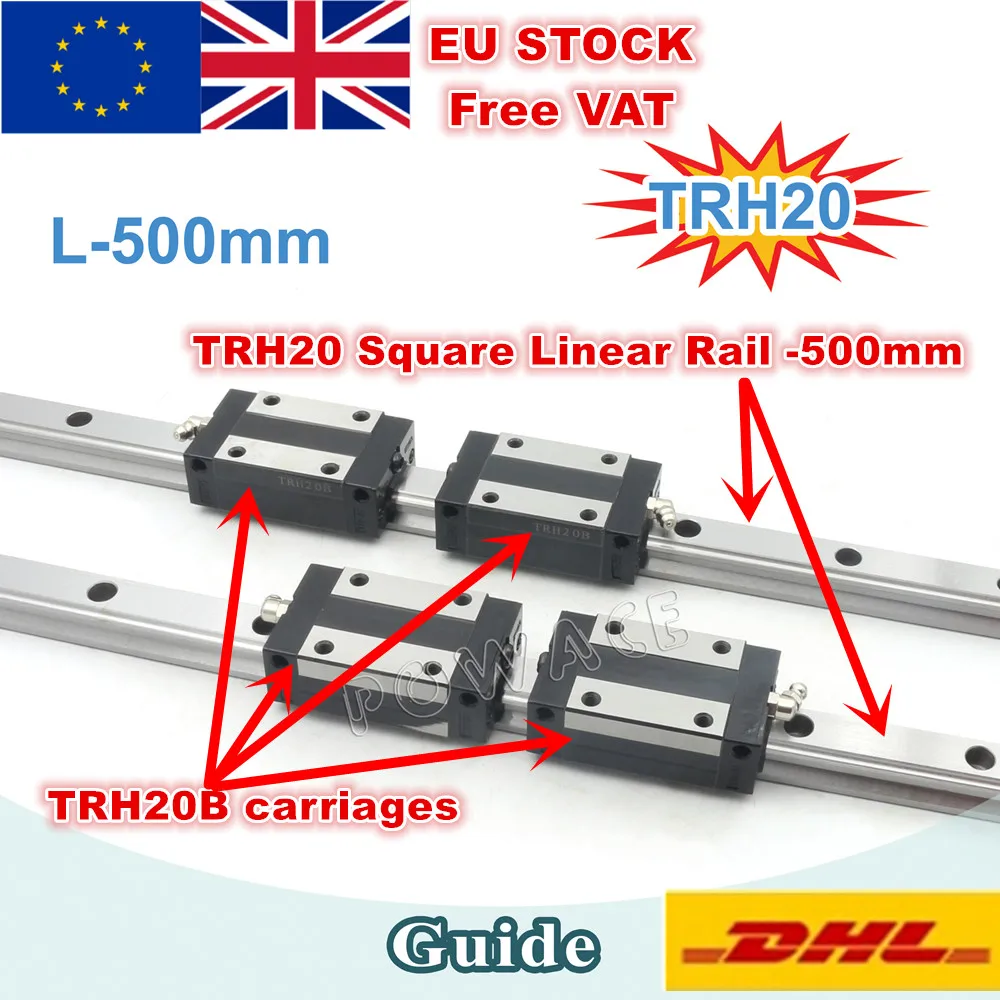EU 2Pcs TRH20 500mm Square Linear guide rail for CNC Router+4pcs Carriages Block