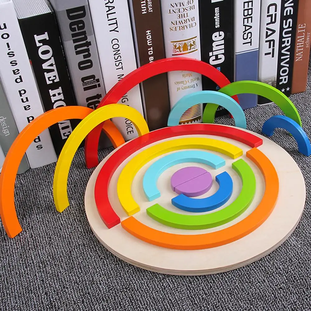 

2019 Wood Rainbow Building Blocks Toy Creative Assembling Wooden Blocks Circle Multiple shapes Set Educational Toys for Children