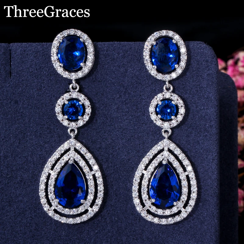 

ThreeGraces Elegant Micro Pave AAA+ CZ Stone Long Big Royal Blue Crystal Bridal Wedding Earrings Jewelry For Brides E0113