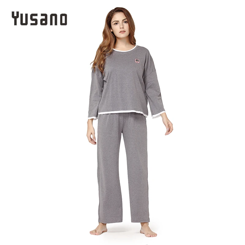 Yusano Long Sleeve Women Pajama Set Cotton Sleepwear Set Solid Color