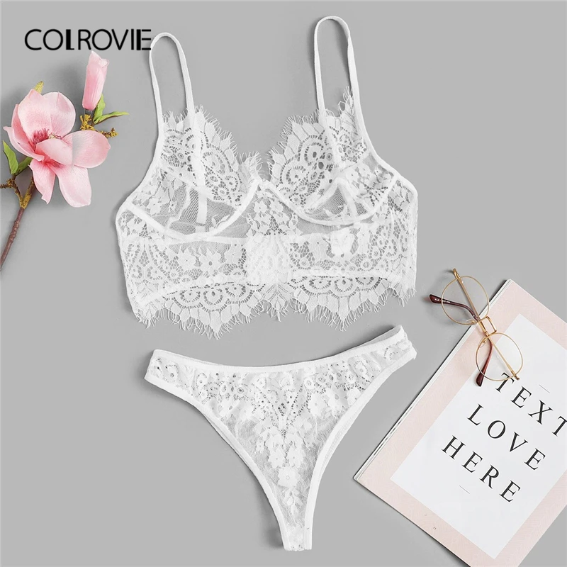 

COLROVIE White Floral Lace Sexy Lingerie Set Women Intimates 2019 Wireless See Through Sexy Bra And Briefs Ladies Underwear Set