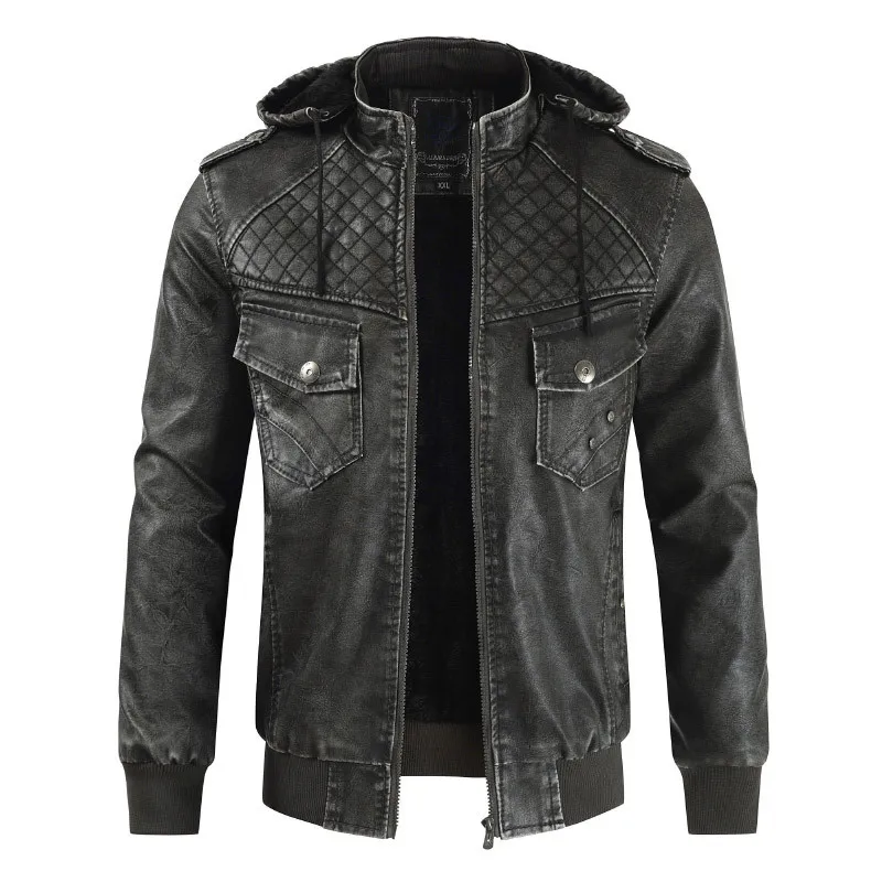 

Autumn and winter new men's leather jacket warm jacket plus velvet motorcycle PU leather hooded coat windproof