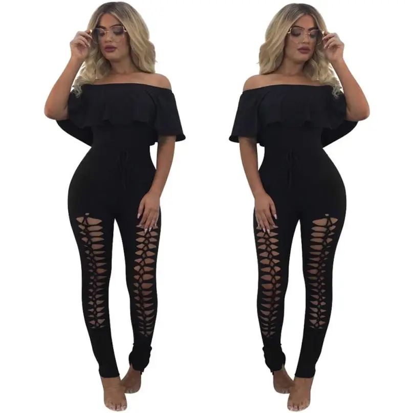 Bodysuit new high quality sexy Off The Shoulder Ruffle Playsuit Bodycon Party Trousers Bodysuits women july11