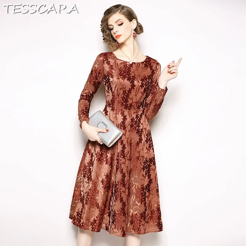 

TESSCARA Women Autumn Elegant Jacquard Velvet Dress Festa Female High Quality Vintage Designer Vestidos Long Office Robe Femme