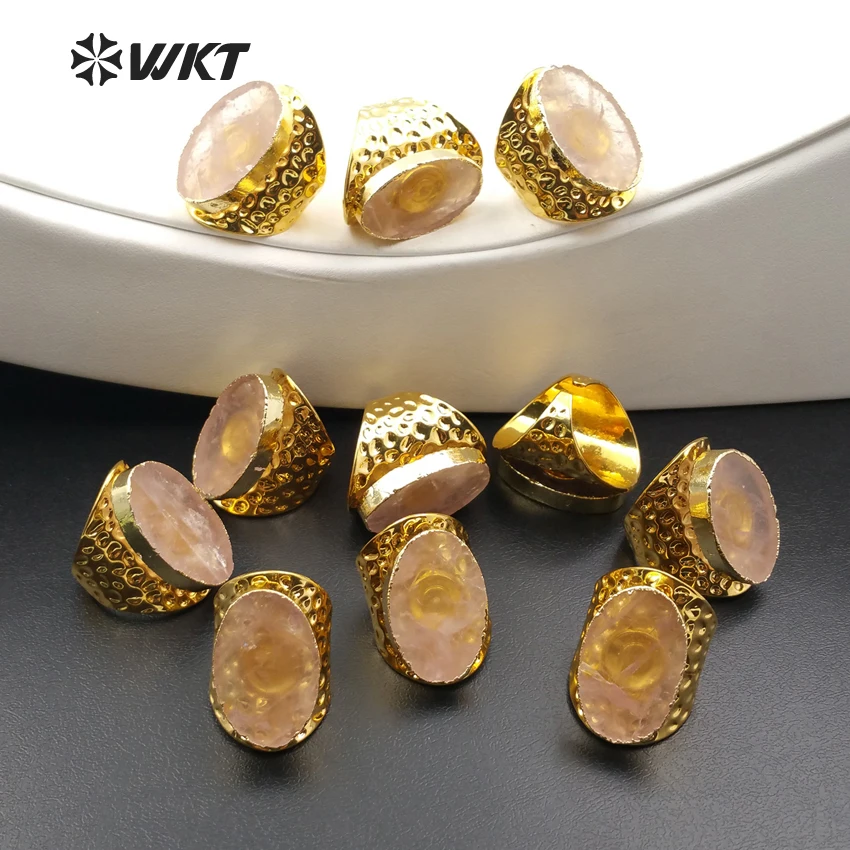 

WT-R267 Wholesale Fashion Gold Color Pink Quartz Stone Rings, Unique Design Cigar Band Ring For Women Adjustable Size