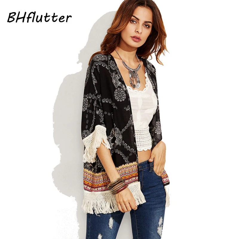 BHflutter 2018 женские блузки с коротким рукавом с кисточками летние топы с цветочным принтом черные винтажные рубашки пляжные Топы Cover UPS Blusas