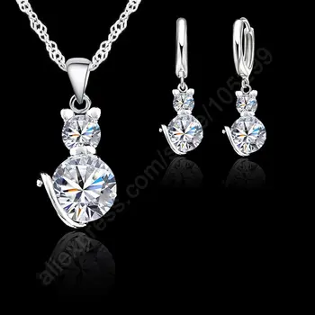 

Free Shipping Retail Romantic Engagement 925 Sterling Silver Cute Cat Jewelry Sets Necklace Earrings with Austrian Crystal