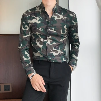 

Loldeal Long sleeve camouflage printed shirt Male Tops Slim Casual Solid ArmyGreen Dress Shirts Slim Camisa Masculina