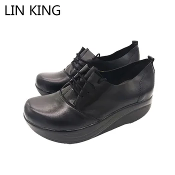 

LIN KING Spring Autumn Women Swing Shoes Casual Women Wedges Platform Shoes Comfortable Solid Lace Up Round Toe Mom Nurse Shoes