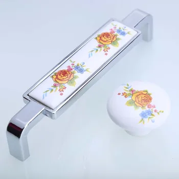 

128mm fashion rural ceramic dresser kitchen cabinet door handles knobs silver yellow flower porcelain dtawer shoe cabinet knobs