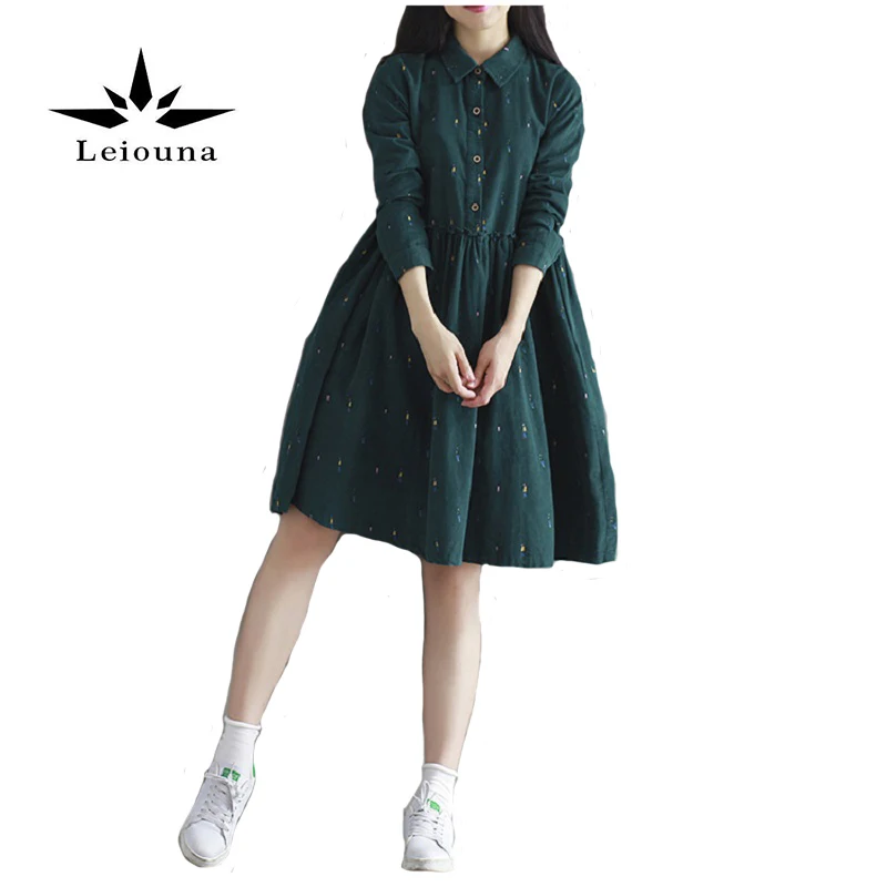 

Leiouna 2019 New Vintage Women Loose Cotton Warm Dress Collar Full Long Sleeve Casual Vestidos Corduroy Green Retro Lady