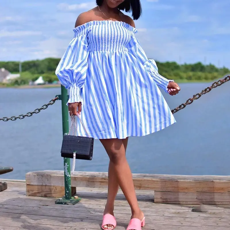 

Off Shoulder Sexy Stripe Short Dress Women Long Sleeve Casual Stylish Street Travel Chic Spring Autumn Blue Sweet A Line Dresses
