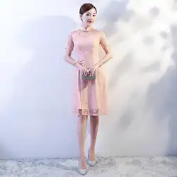Новый розовый Дамы Твердые Кружева Cheongsam сексуальный китайские Стиль свадебное платье подружки невесты Винтаж плюс Размеры Qipao для Для