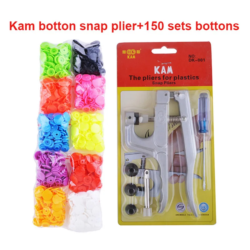

Kam Brand Fastener Bottons Snap Press Plier Kit T3 T5 T8 T8A with 150sets 10 Colors Mixed T5 12mm Plastic Buttons DIY Craft Tool