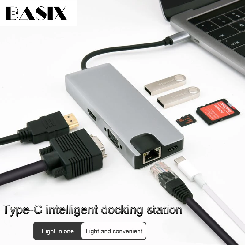 

Basix USB C Hub with 4K HDMI USB 3.0 Port SD/TF Card Reader VGA RJ45 Gigabit Ethernet Type C HUB for Macbook Pro Huawei P20 Pro
