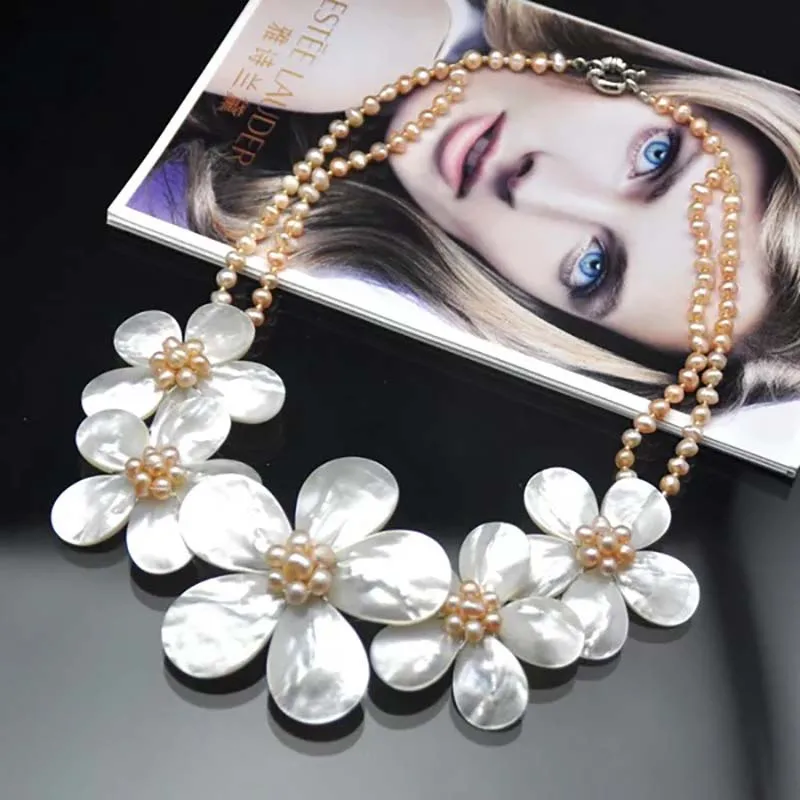 LJHMY Кристальные бусины, Пресноводный Жемчуг, белая Морская раковина, цветочное ожерелье для женщин, массивное ожерелье, колье для свадебной вечеринки - Окраска металла: 5 FLOWERS PINK