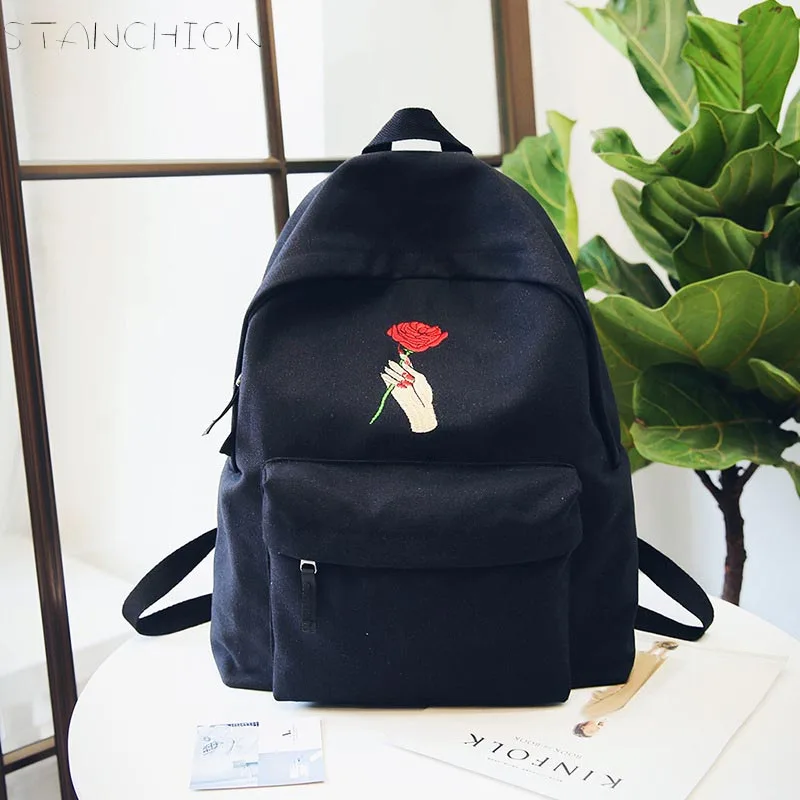 

STANCHIONA Canvas Backpack for Women Holding Roses Embroidery Backpacks for Teenagers Travel School Bags