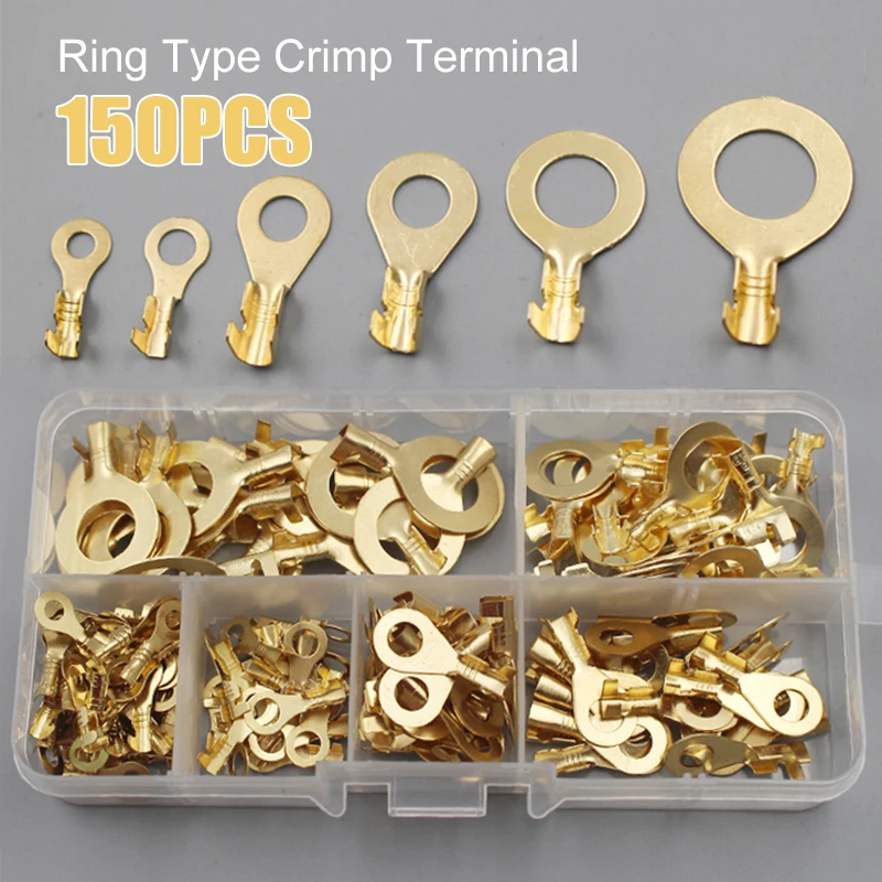 

150pcs Golden Brass Insulated Crimp Ring Terminals Wire Connectors Ring Type Spade Multipurpose Electrical Assorted Kit with Box