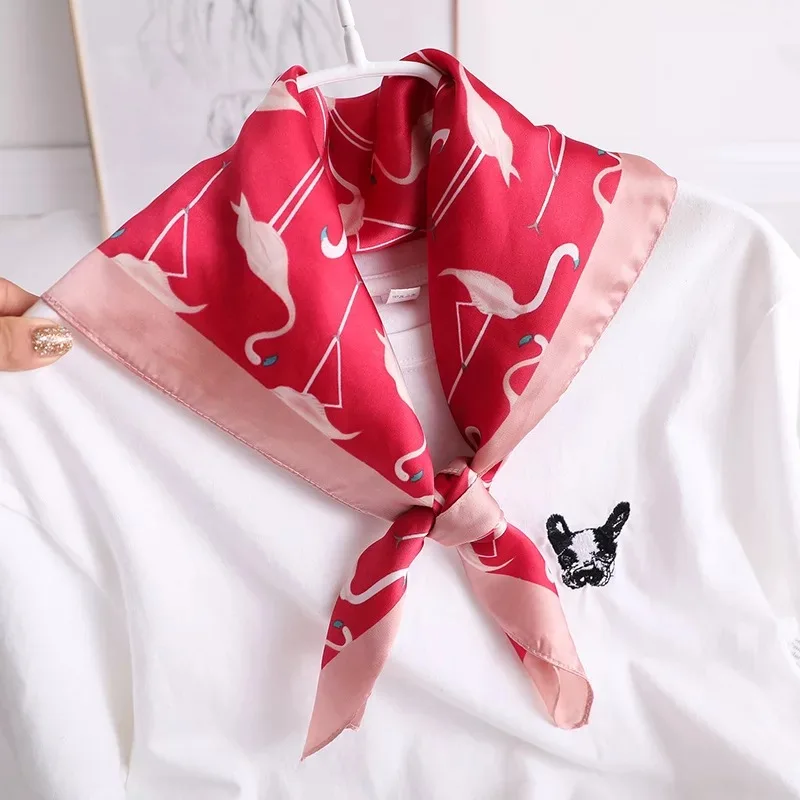 Женский Шелковый квадратный шарф с принтами животных фламинго, летний атласный маленький шейный платок, шарфы для волос, сумка, шифоновая шаль, бандана 70*70 см