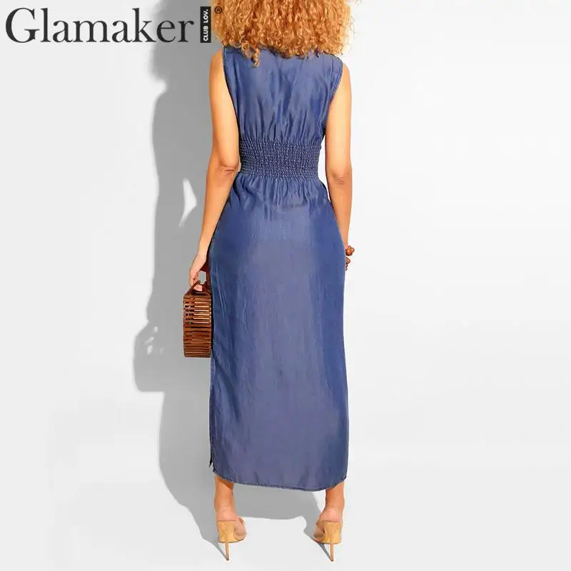 Glamaker, плюс размер, Ретро стиль, Синее джинсовое платье, женское, летнее, на шнуровке, без рукавов, макси платье, женское, элегантное, винтажное, вечернее платье, vestidos