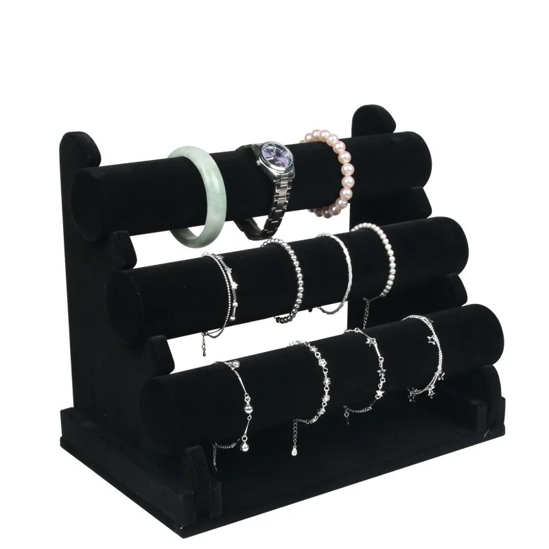 3 уровня бархат/Кожа PU Часы Браслет Ожерелье Органайзер для хранения бижутерии держатель Стенд стойка - Цвет: Black Velvet