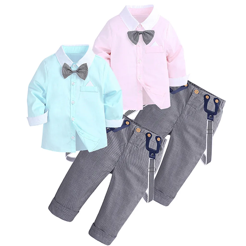 Toddler Baby Kids Boys Gentleman Solid Top T Shirt+Plaid Trousers Pants Outfit newborn clothes