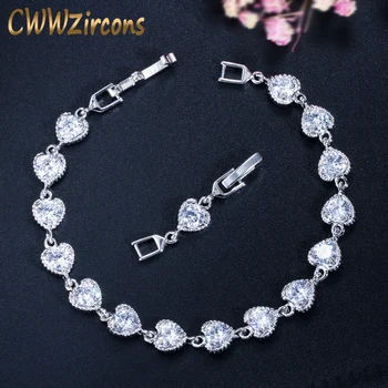 

CWWZircons White Gold Color Fashion Love Heart Shape Shiny Cubic Zirconia Stone Chain Link Bracelets Jewellery for Women CB151