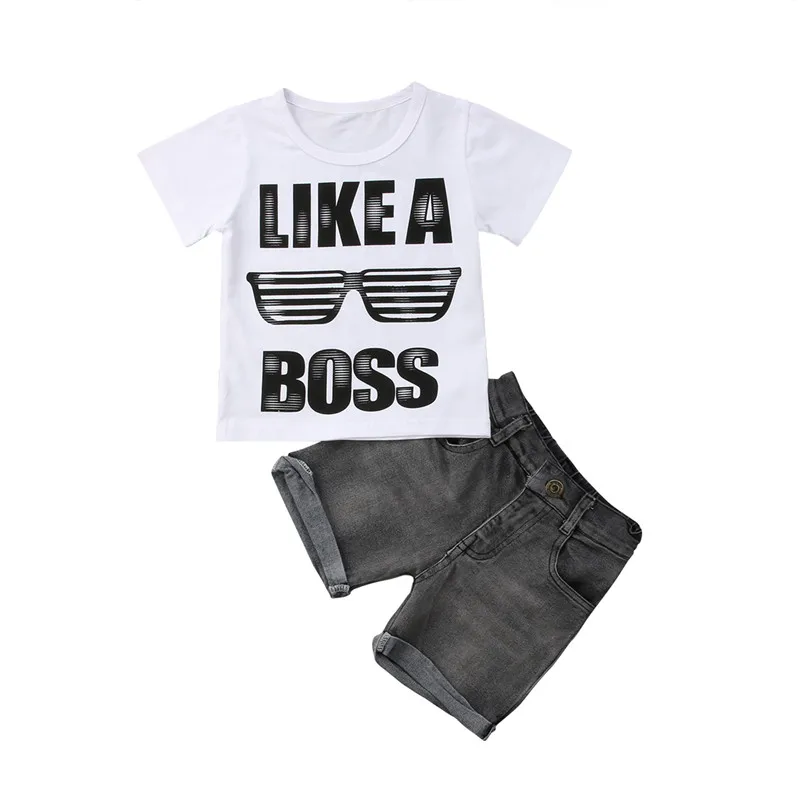 

New Arrival Children Boys Casual Clothes Sets Like a Boss Letter Printed T-shirt Tops+Denim Shorts Outfits Set Clothes 1-6Y