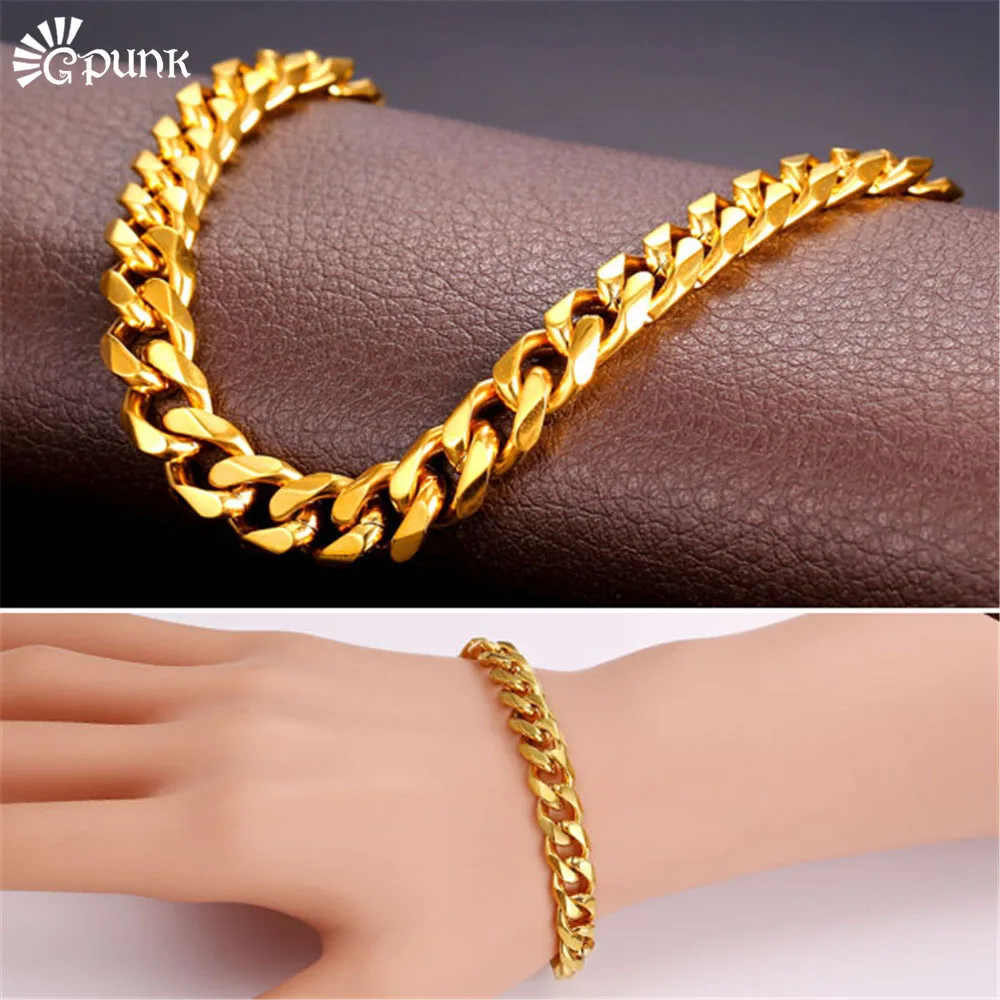 9mm Curb Cuban Link Chain Bracelet Men Heavy Metal Accessories 9mm Curb Cuban Link Chain Bracelet Men Heavy Metal Accessories Stainless Steel Gold Color Bracelets H2279 In From