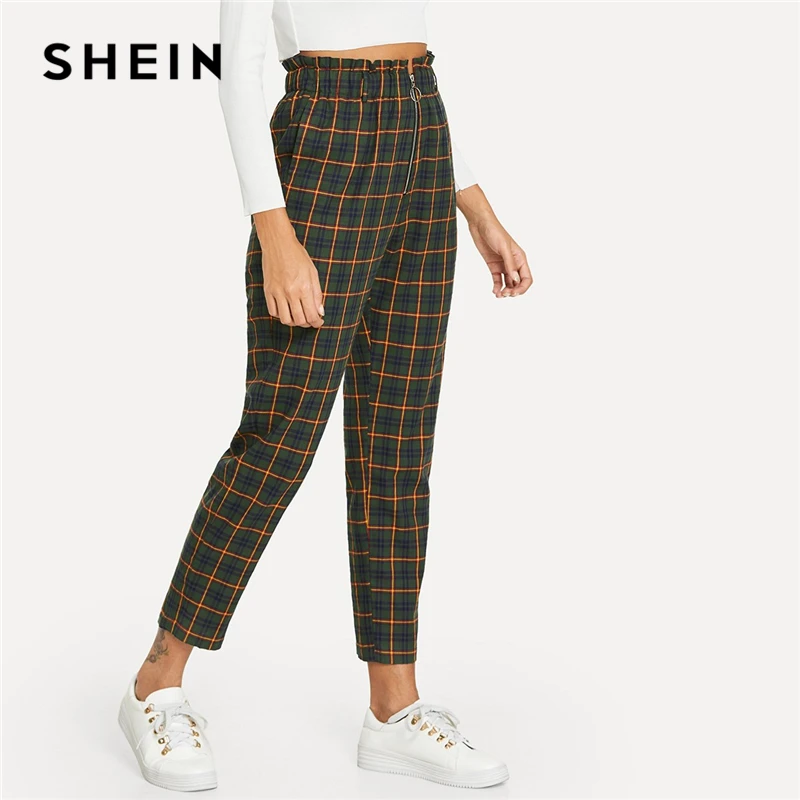 SHEIN Брюки В Клетку На Молнии, Клетчатые Брюки С Завышенной Талией, Повседневные Брюки В Клетку
