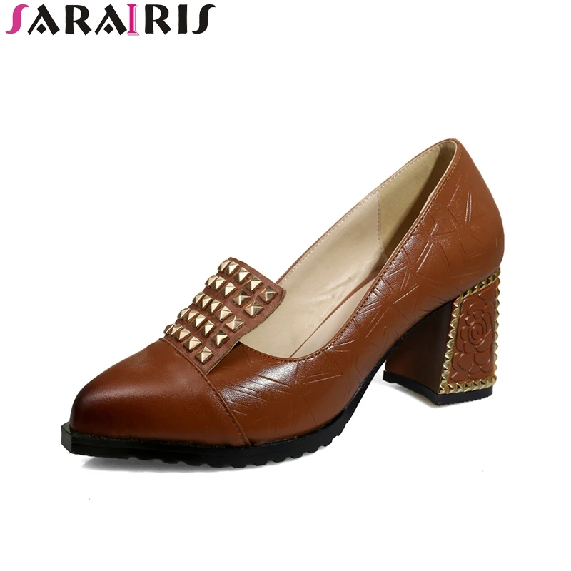 

SARAIRIS Genuine Leather 2018 Large Size 34-42 Rivet Square High Heels Women Pumps Woman Black Pointed Toe Shoes Woman