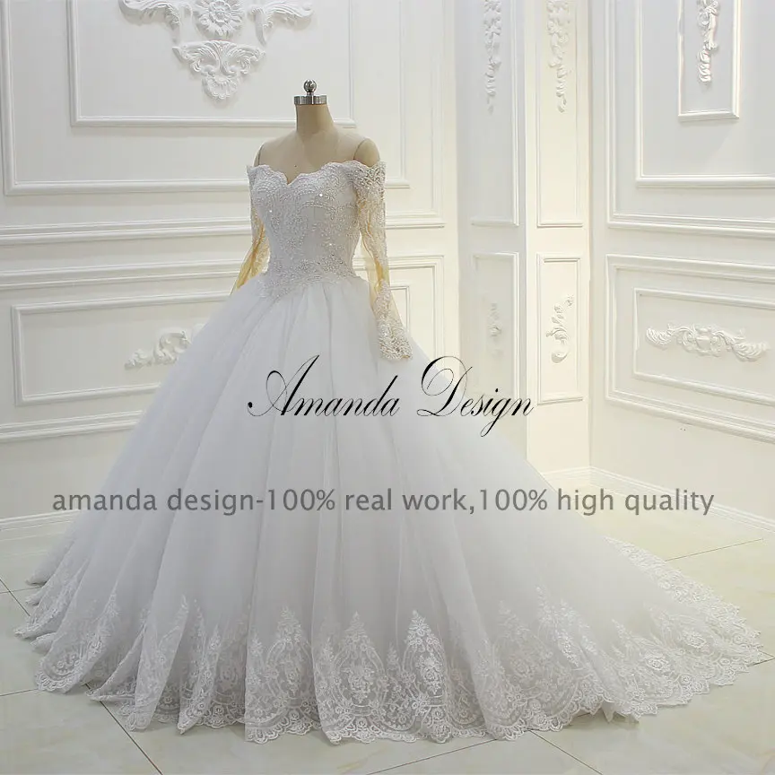 Аманда дизайн с открытыми плечами длинный рукав Кружевная аппликация с жемчугом бальное платье свадебное платье