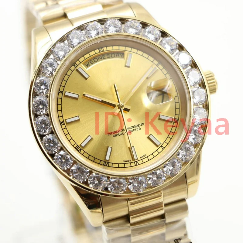 

Diamonds Watches A2813 Gold Top Luxury Brand Mens Day-Date Diamond Watch Men Automatic Sapphire Original Mechanical Wristwatches