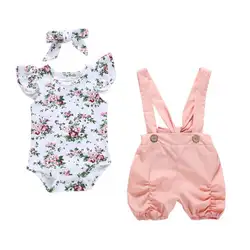 Новый Модный комбинезон с цветочным рисунком для маленьких девочек, брюки с нагрудником комбинезоны, повязка на голову, одежда