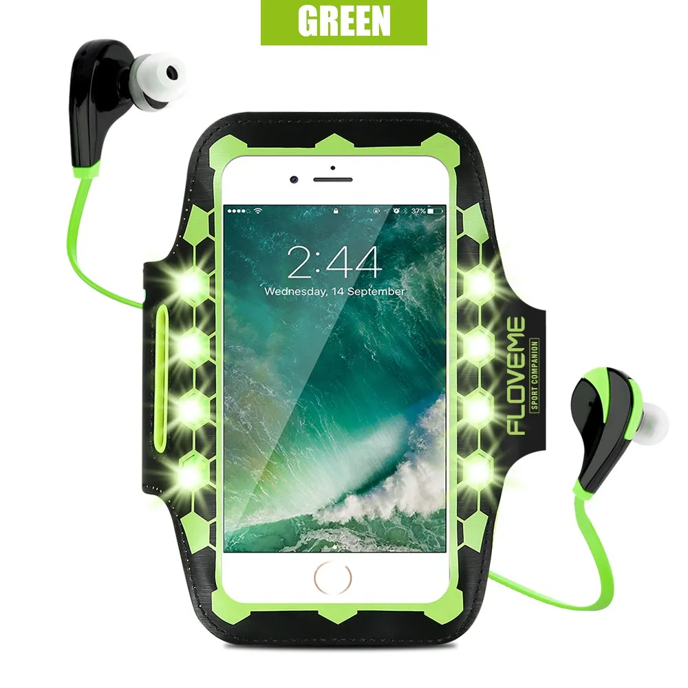 FLOVEME спортивный ремешок Универсальный светодиодный светильник чехол для телефона iPhone 8 7 6 спортивная сумка для samsung для huawei Xiaomi Arm Band - Цвет: Green