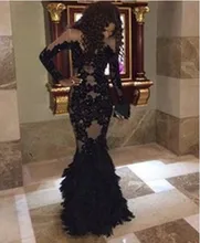 Distinctive Black Spitze Abendkleid Vestido De Festa Longo Langarm Meerjungfrau Abendkleid 2016 FM1015