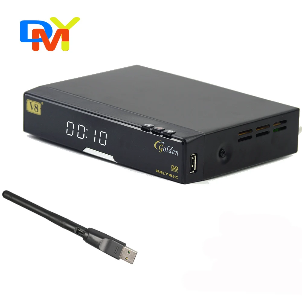 

Genuine FREESAT V8 Golden & USB Wifi DVB-S2 + T2 +C Satellite TV Combo Receiver Support PowerVu Biss Key Cccamd Newcamd USB Wifi
