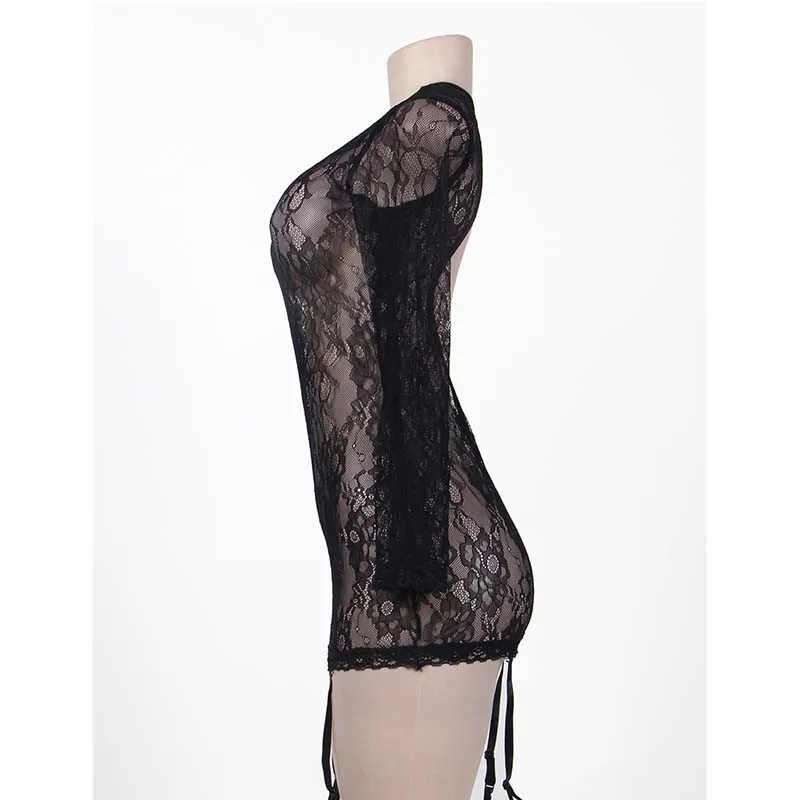 RN80359 Мода Печати Кружева Спинки Белье Babydoll Sexi Женщина Эротическое Черный С